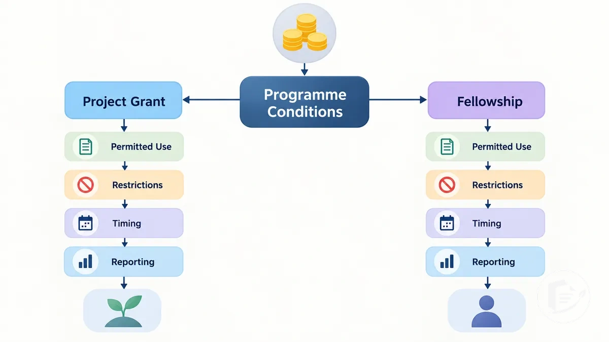 Diagramm, das zeigt, wie Programmbedingungen die Mittelverwendung und Einschränkungen bei Projektförderungen und Stipendien beeinflussen.