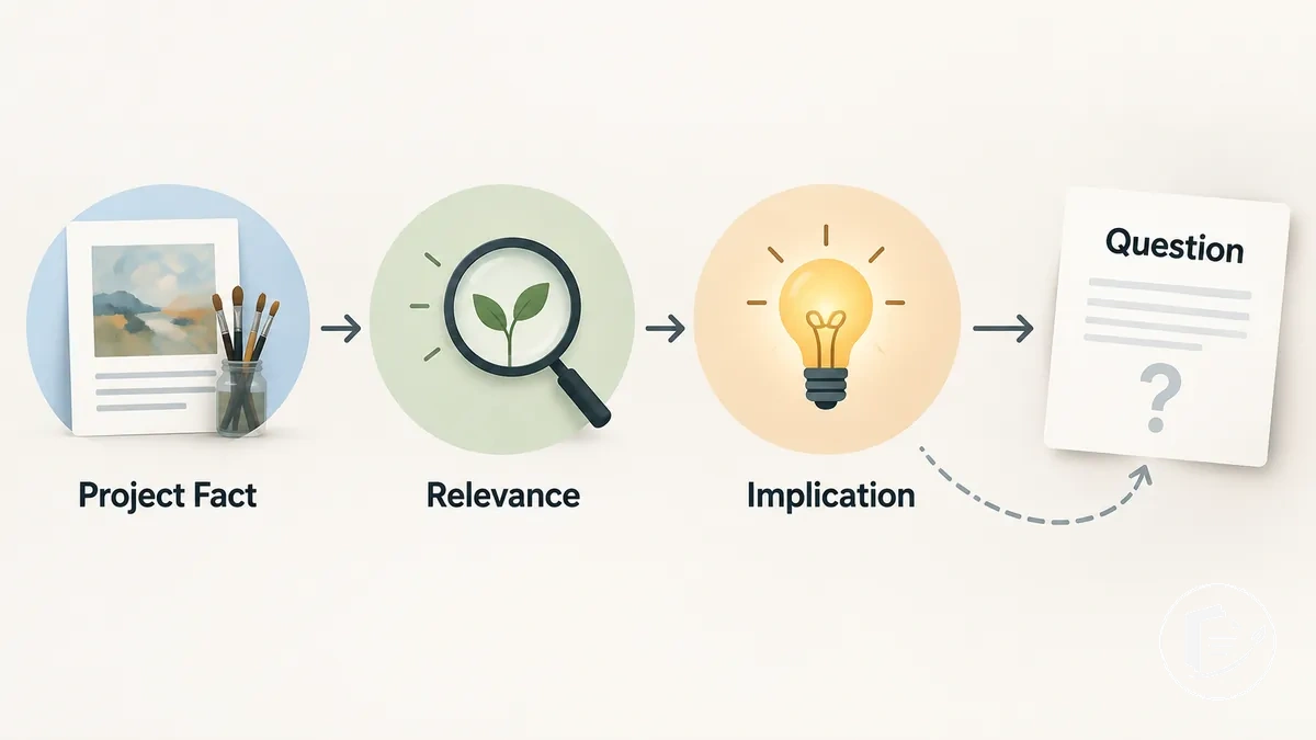 Diagram showing how a project detail connects to a grant question through relevance and implication