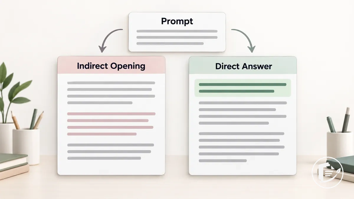 Annotated grant response example comparing an indirect opening with a direct answer first sentence