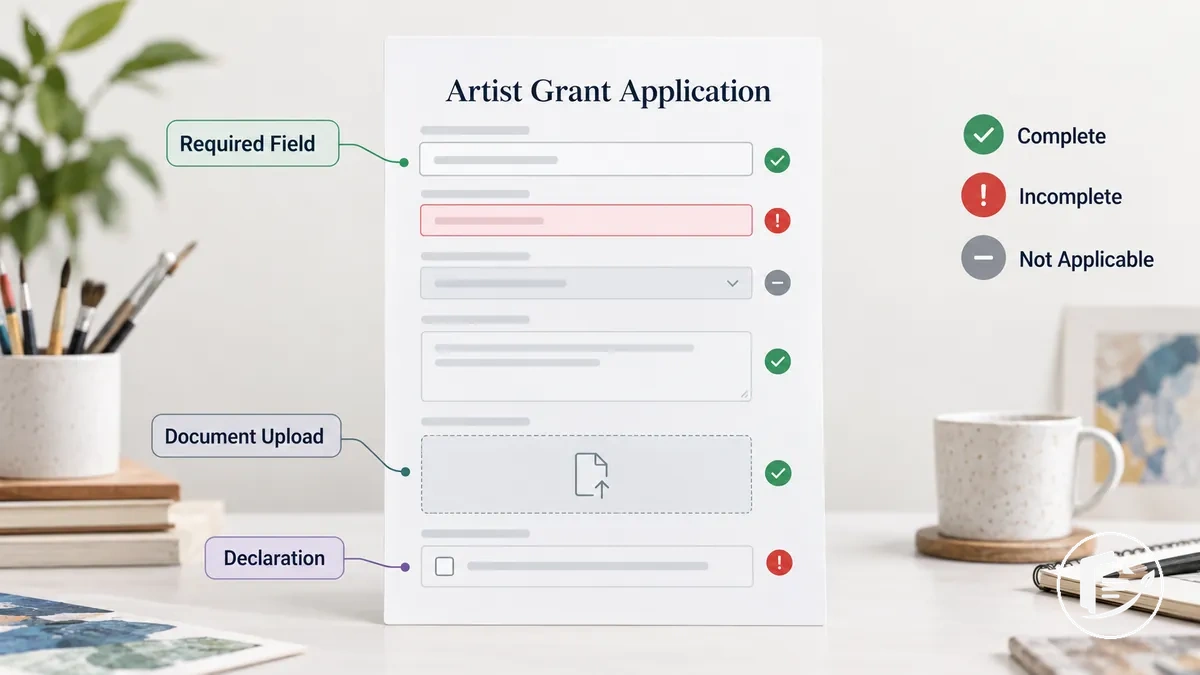 Artist grant application fields and documents checked for completeness