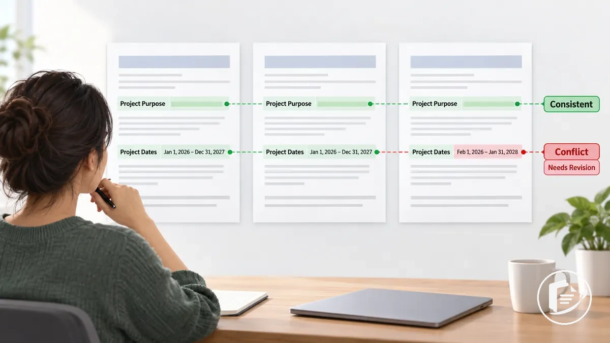 Artist reviewing grant proposal sections for clarity and consistency