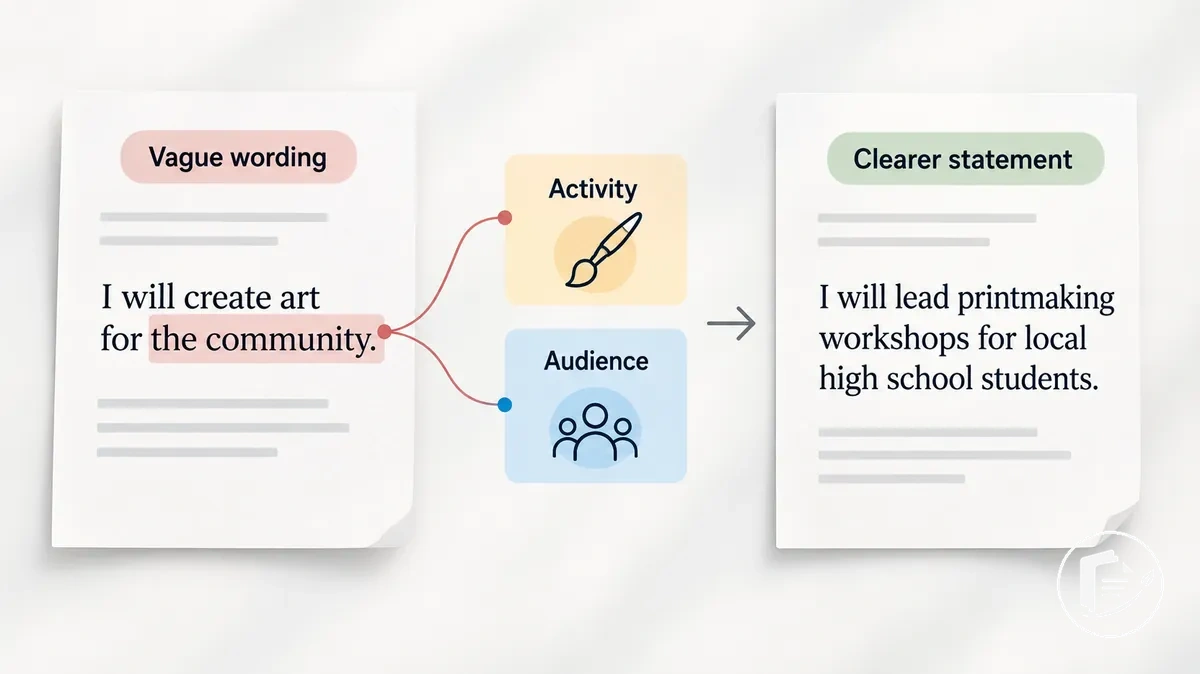 Annotated artist grant sentence showing a vague phrase, missing project detail, and clarified wording