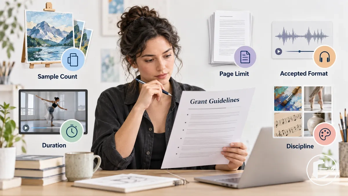 Artista comparando formatos de muestras de trabajo y límites de presentación en las directrices de la subvención