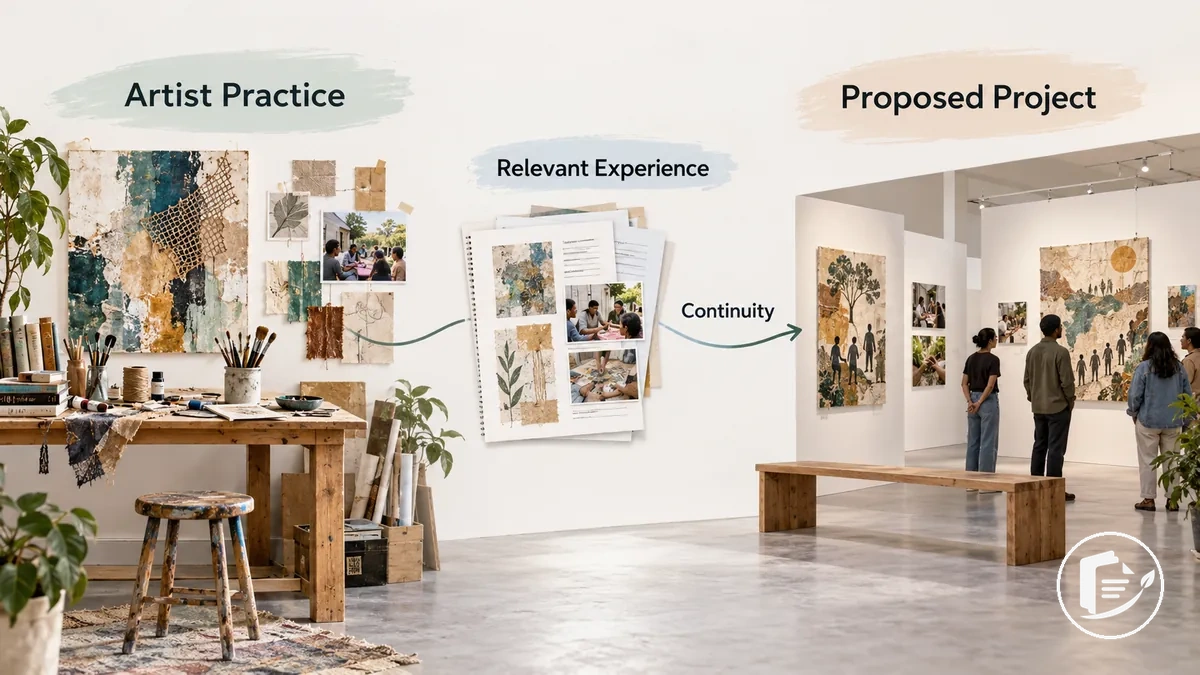 Ejemplo anotado de subvención artística que muestra la conexión entre la práctica artística y el proyecto propuesto