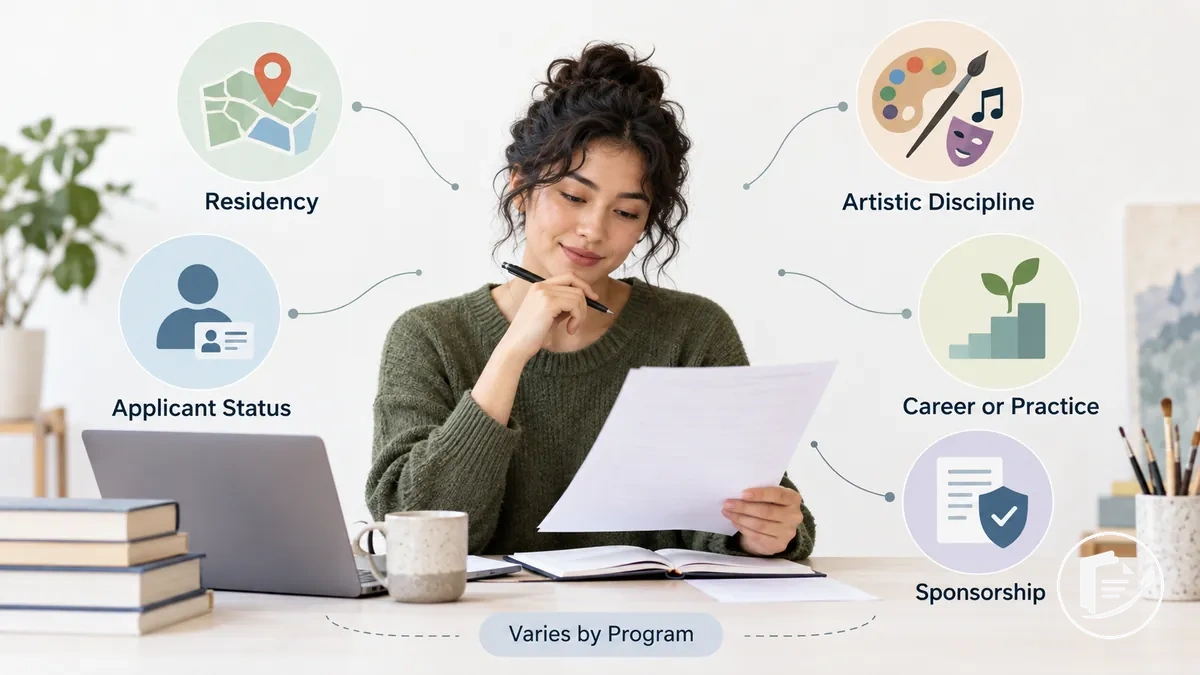 Artista revisando los atributos de elegibilidad del solicitante, incluyendo residencia, estado, disciplina y requisitos de práctica