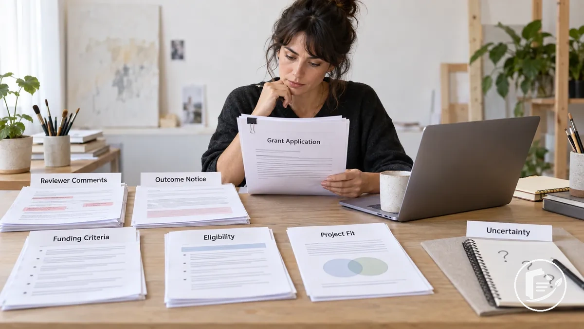 Artista revisando las pruebas de rechazo y los comentarios de una solicitud de subvención antes de modificarla