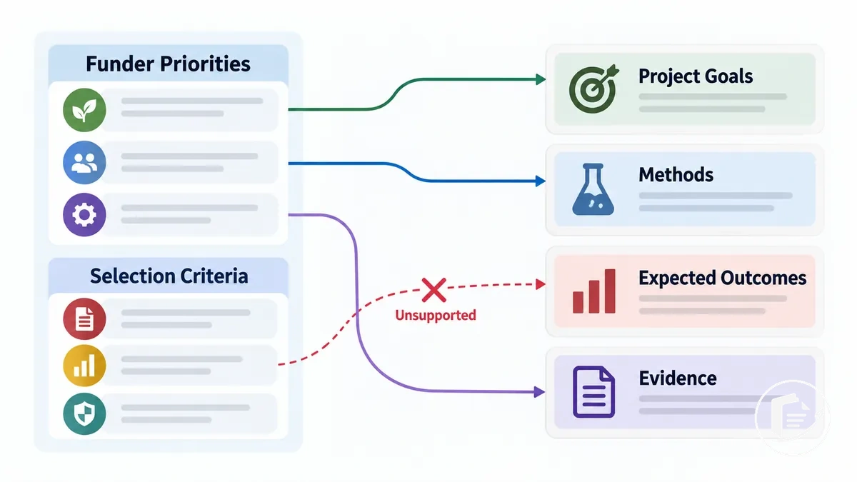 Diagrama que relaciona las prioridades y los criterios de selección de la entidad financiadora con los objetivos, métodos, resultados y pruebas del proyecto respaldados