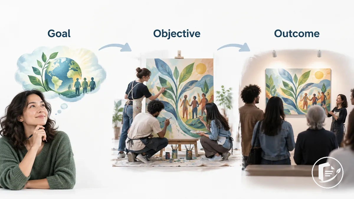 Ilustración de la relación entre la meta, el objetivo y el resultado previsto de un proyecto artístico