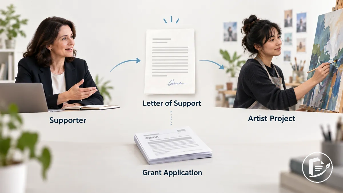 Ilustración que muestra la carta de un firmante respaldando un proyecto artístico dentro de una solicitud de subvención