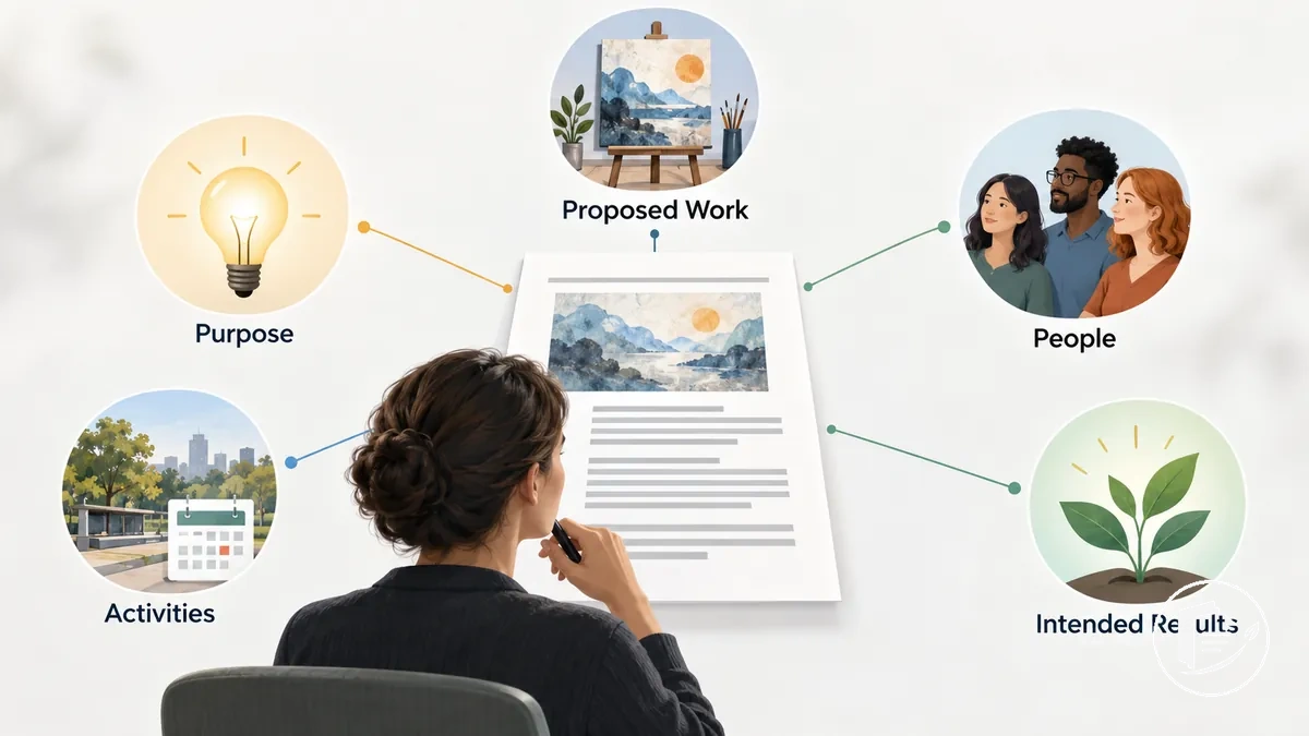 Artiste vérifiant les informations clés du projet dans une description de projet de subvention