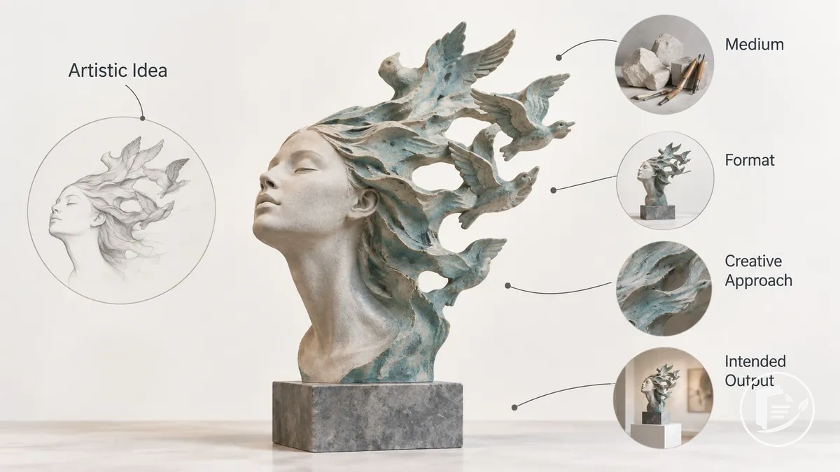 Illustration montrant une idée artistique prenant la forme d’une œuvre concrète avec un médium et un format visibles