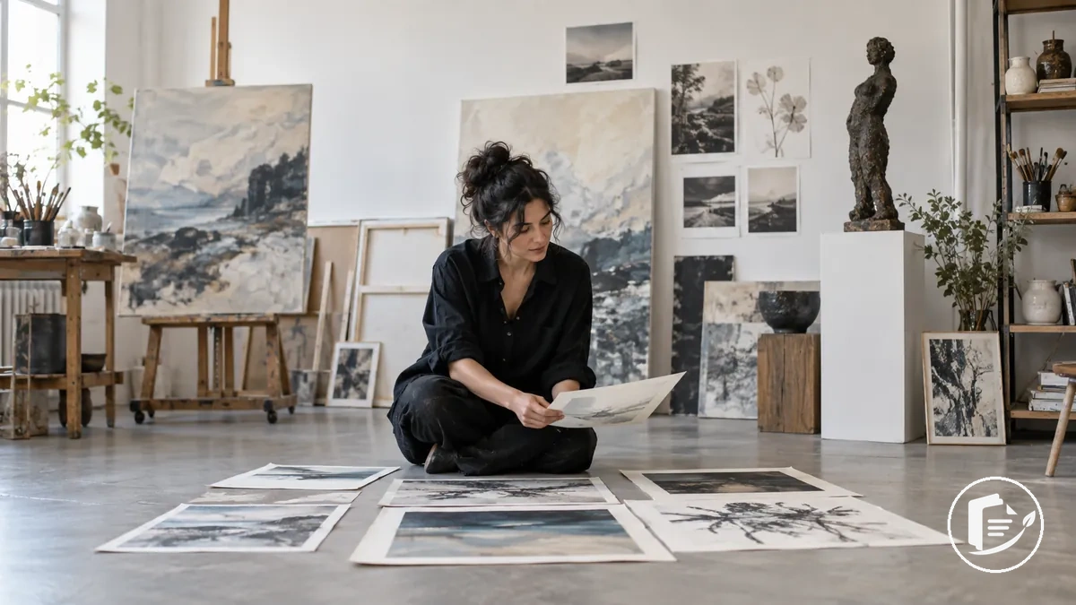 Artiste examinant plusieurs travaux représentatifs qui montrent une pratique artistique actuelle cohérente