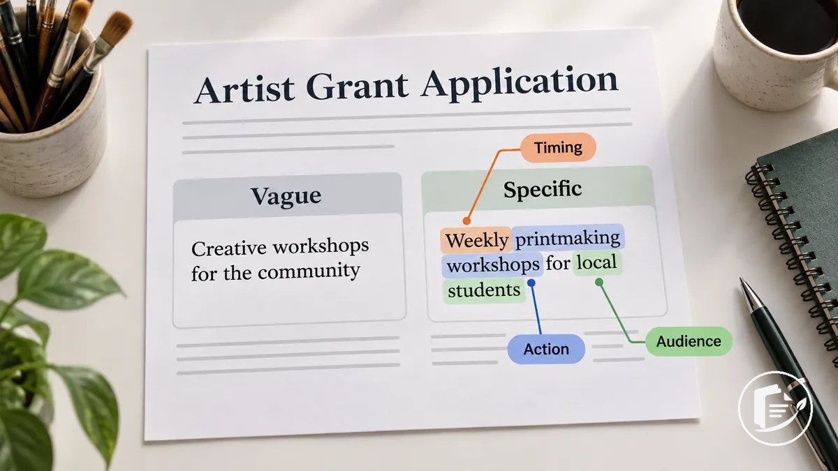 Exemple annoté comparant un libellé vague et un libellé spécifique dans un dossier de subvention pour artistes