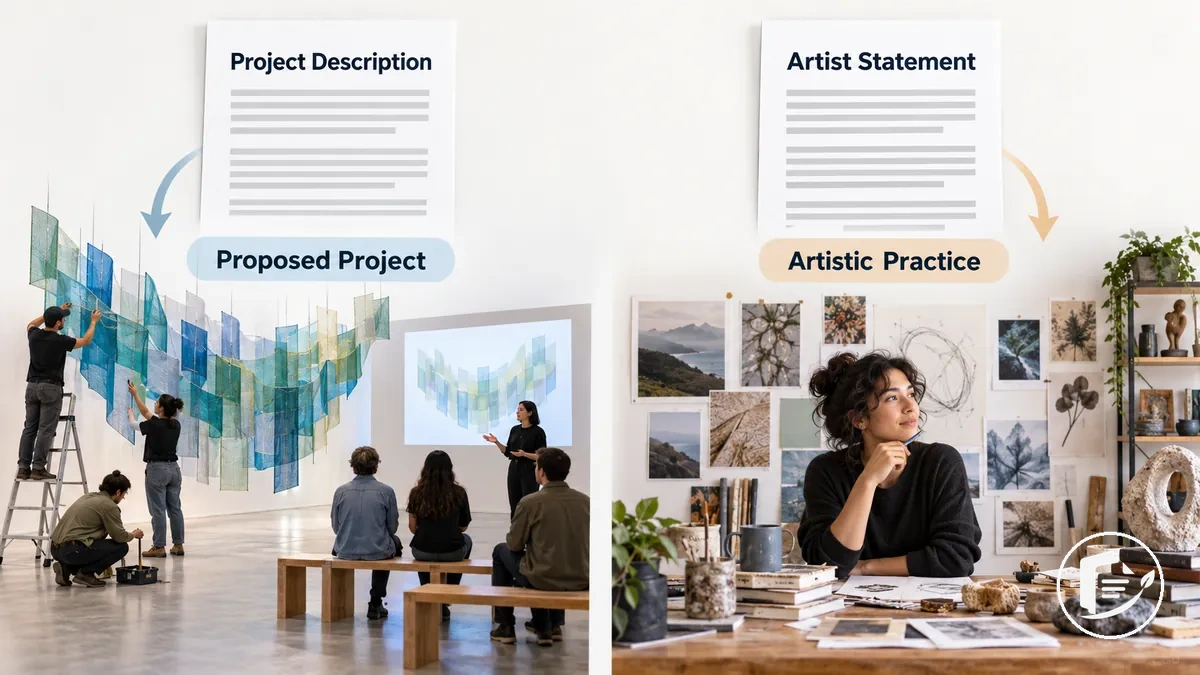 Ilustração distinguindo a descrição de um projeto artístico proposto de uma declaração do artista sobre a prática artística mais ampla