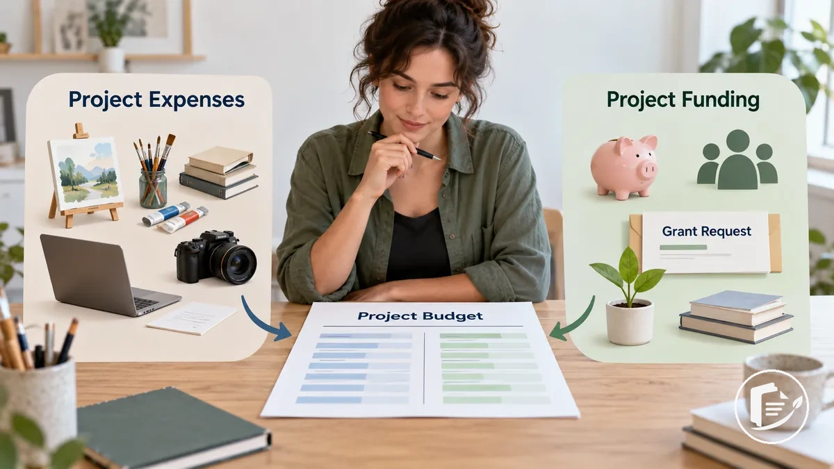 Artista revisando despesas do projeto e fontes de financiamento em um orçamento de edital